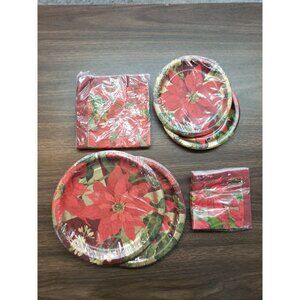 Vtg Hallmark Martha Negley 16 Christmas Poinsettia Napkins Plates Dinner Dessert